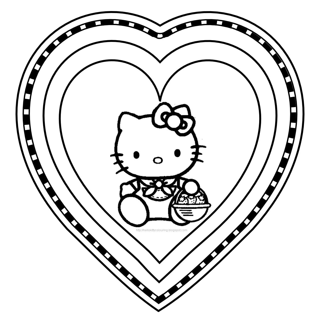 Coloriage de Hello Kitty tenant un cœur avec un décor printanier Coloriage de Hello Kitty tenant un cœur avec un décor printanier