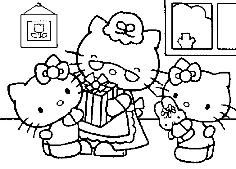 Coloriage de Hello Kitty avec un petit lapin dans un décor floral Coloriage de Hello Kitty avec un petit lapin dans un décor floral