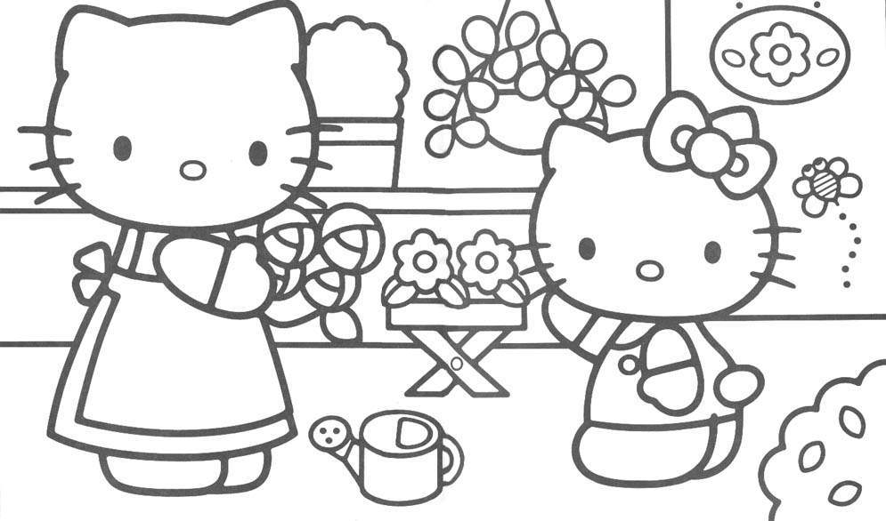 Coloriage de Hello Kitty avec un joli nœud et un décor floral Coloriage de Hello Kitty avec un joli nœud et un décor floral