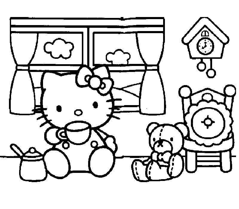Coloriage de Hello Kitty avec un nœud sur la tête et un fond simple Coloriage de Hello Kitty avec un nœud sur la tête et un fond simple