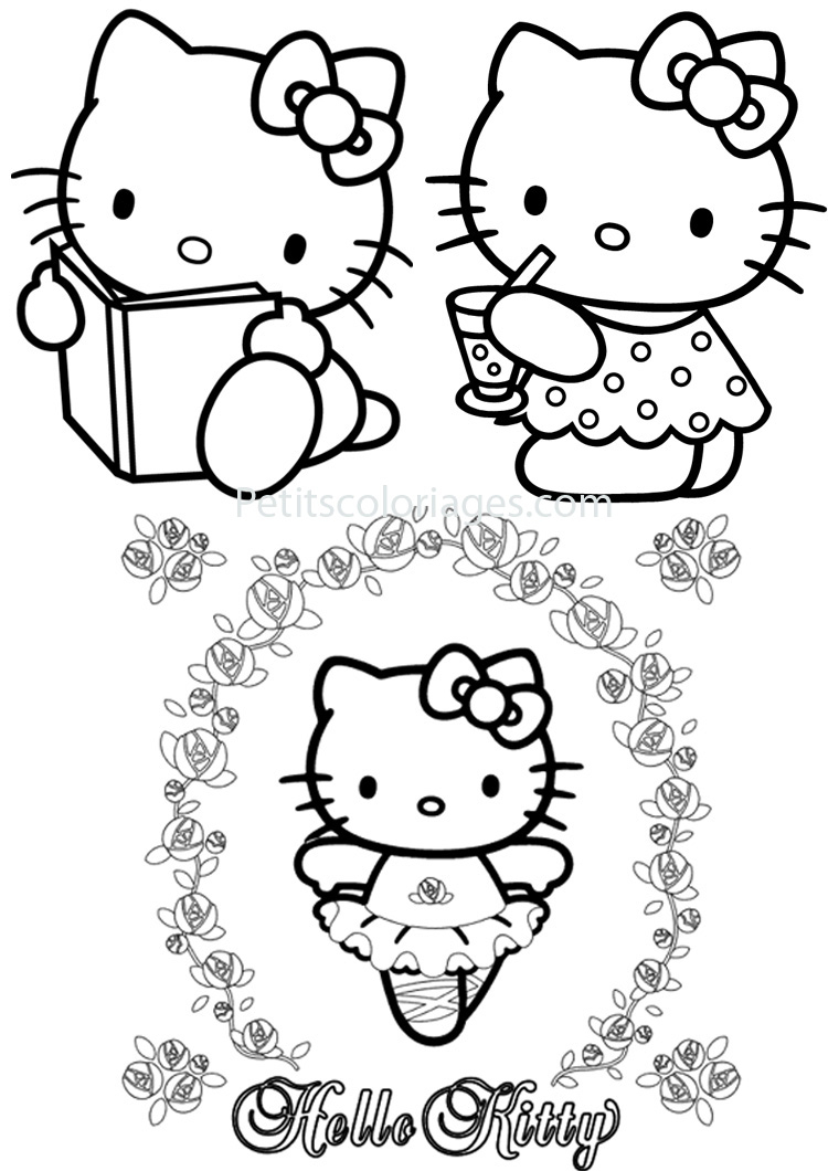 Coloriage de Hello Kitty avec un nœud rose dans un cadre floral Coloriage de Hello Kitty avec un nœud rose dans un cadre floral
