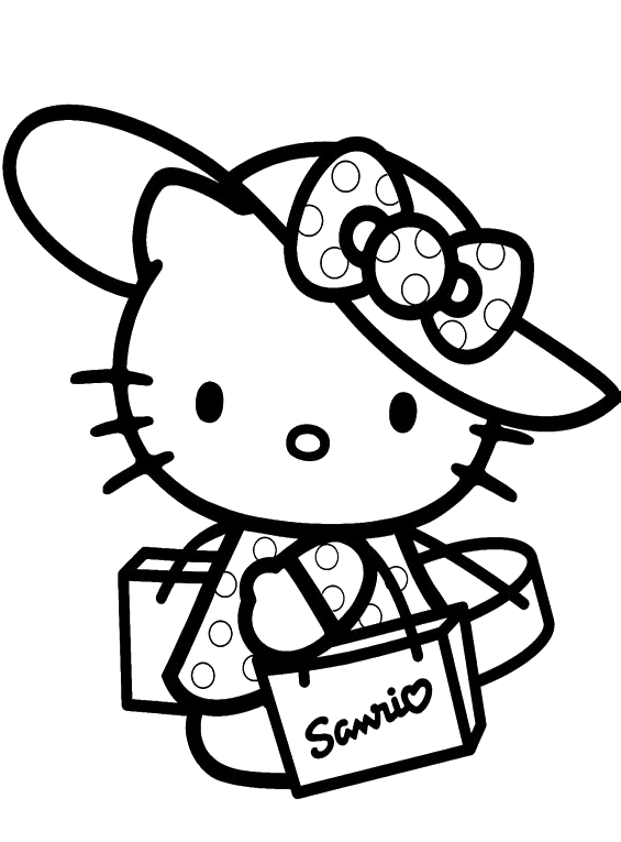 Coloriage de Hello Kitty dans un cadre joyeux avec des éléments festifs Coloriage de Hello Kitty dans un cadre joyeux avec des éléments festifs