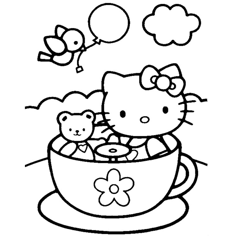 Coloriage de Hello Kitty tenant un bouquet de fleurs dans un décor simple Coloriage de Hello Kitty tenant un bouquet de fleurs dans un décor simple