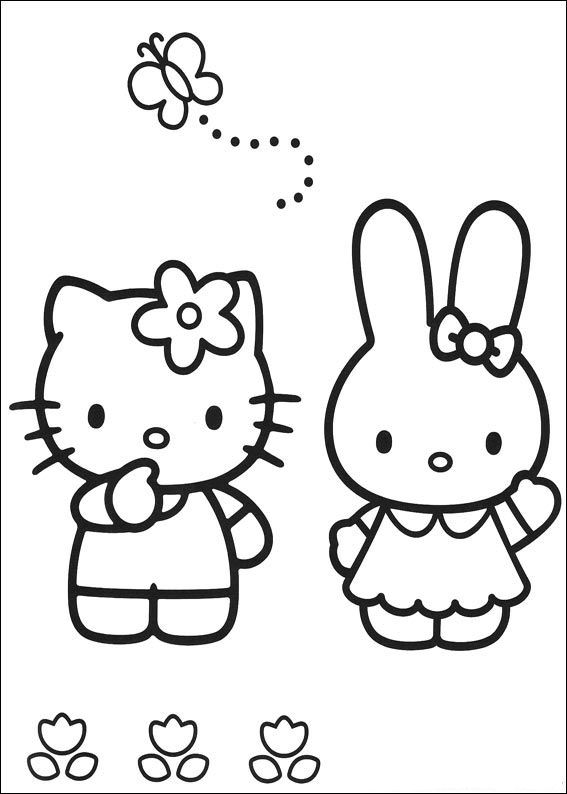 Coloriage de Hello Kitty jouant avec un papillon dans un décor floral Coloriage de Hello Kitty jouant avec un papillon dans un décor floral