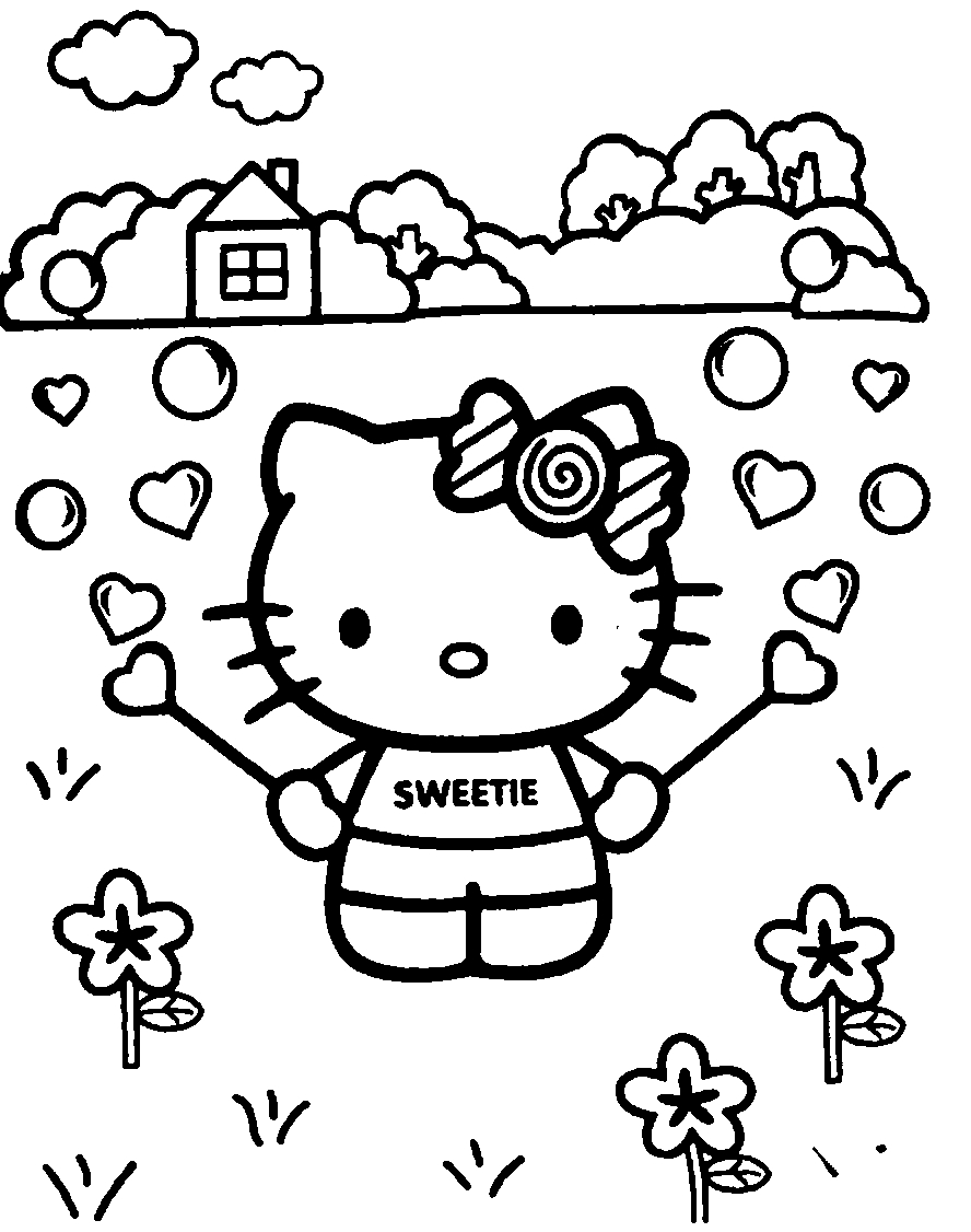 Coloriage de Hello Kitty avec un joli nœud et un fond de fleurs Coloriage de Hello Kitty avec un joli nœud et un fond de fleurs