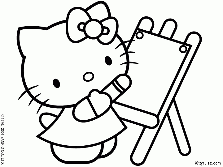 Coloriage de Hello Kitty en train de jouer avec un papillon dans un décor floral Coloriage de Hello Kitty en train de jouer avec un papillon dans un décor floral