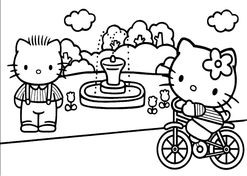 Coloriage de Hello Kitty avec un petit oiseau sur sa tête dans un décor simple Coloriage de Hello Kitty avec un petit oiseau sur sa tête dans un décor simple