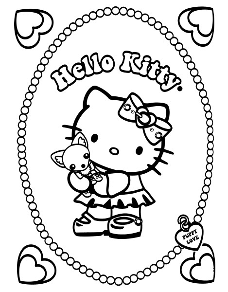 Coloriage de Hello Kitty avec un petit oiseau dans un décor floral Coloriage de Hello Kitty avec un petit oiseau dans un décor floral
