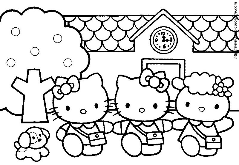 Coloriage de Hello Kitty jouant avec un papillon dans un décor floral Coloriage de Hello Kitty jouant avec un papillon dans un décor floral