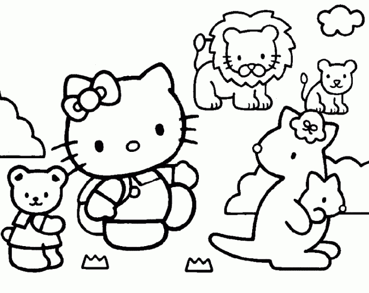 Coloriage de Hello Kitty jouant sur une pelouse avec un arc-en-ciel Coloriage de Hello Kitty jouant sur une pelouse avec un arc-en-ciel