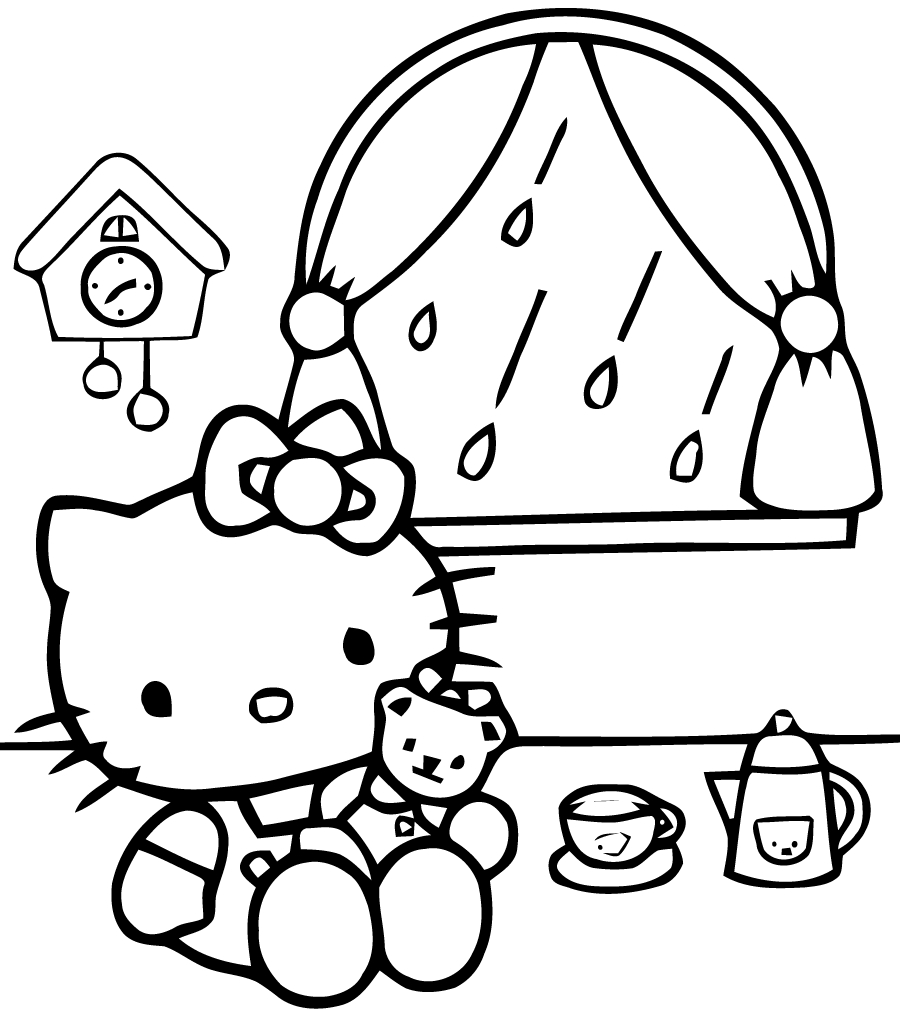 Coloriage de Hello Kitty avec un joli nœud et un décor printanier Coloriage de Hello Kitty avec un joli nœud et un décor printanier