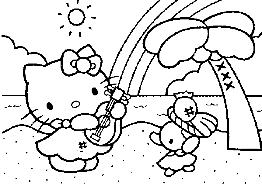 Coloriage de Hello Kitty avec un arc-en-ciel et des nuages Coloriage de Hello Kitty avec un arc-en-ciel et des nuages