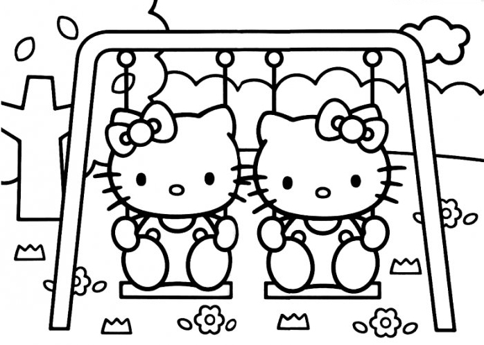 Coloriage de Hello Kitty avec un petit lapin dans un décor floral Coloriage de Hello Kitty avec un petit lapin dans un décor floral