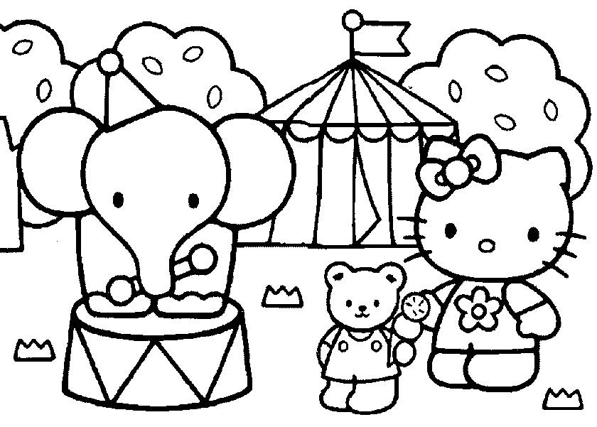 Coloriage de Hello Kitty en pleine activité avec un joli décor floral Coloriage de Hello Kitty en pleine activité avec un joli décor floral
