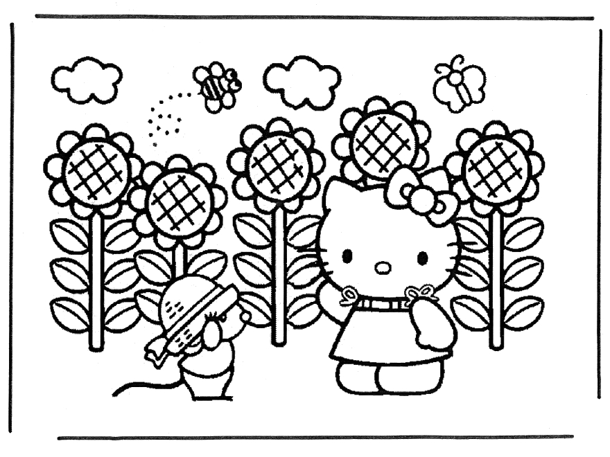 Coloriage de Hello Kitty avec un arrosoir dans un jardin fleuri Coloriage de Hello Kitty avec un arrosoir dans un jardin fleuri