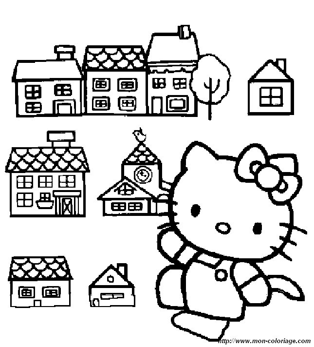 Coloriage de Hello Kitty tenant un gâteau d'anniversaire dans un décor joyeux Coloriage de Hello Kitty tenant un gâteau d'anniversaire dans un décor joyeux