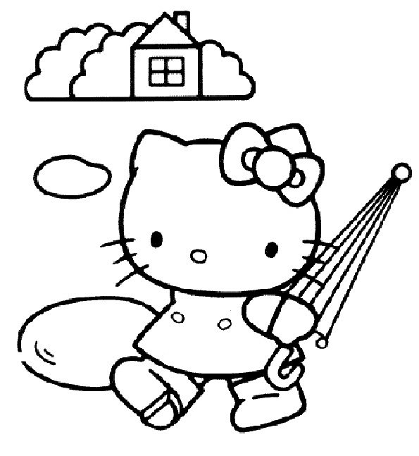 Coloriage de Hello Kitty jouant avec un arc-en-ciel et des nuages Coloriage de Hello Kitty jouant avec un arc-en-ciel et des nuages