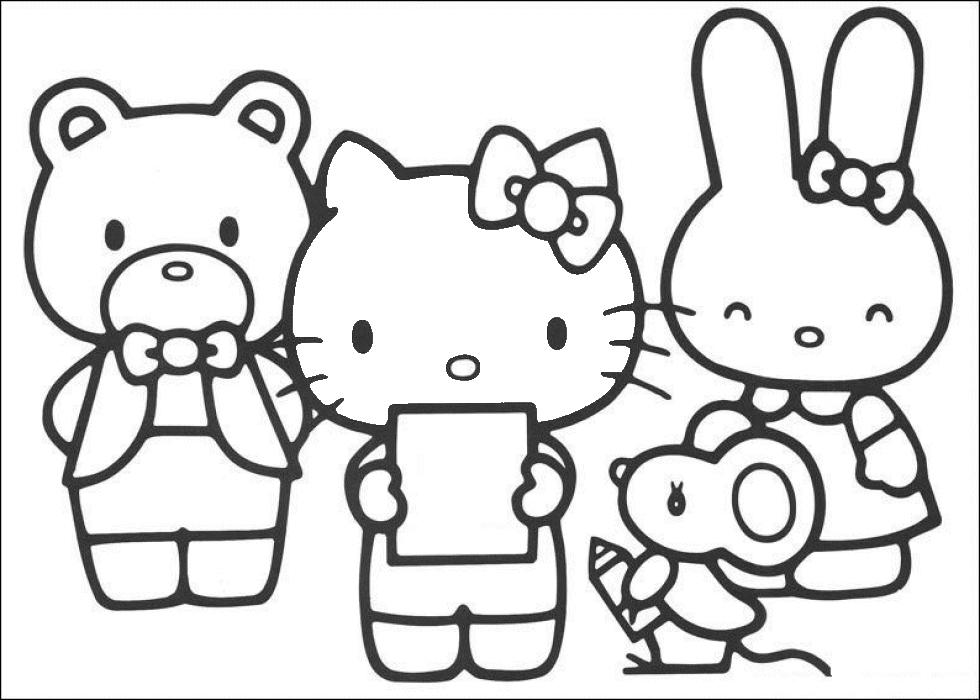 Coloriage de Hello Kitty en pleine activité avec un décor joyeux Coloriage de Hello Kitty en pleine activité avec un décor joyeux