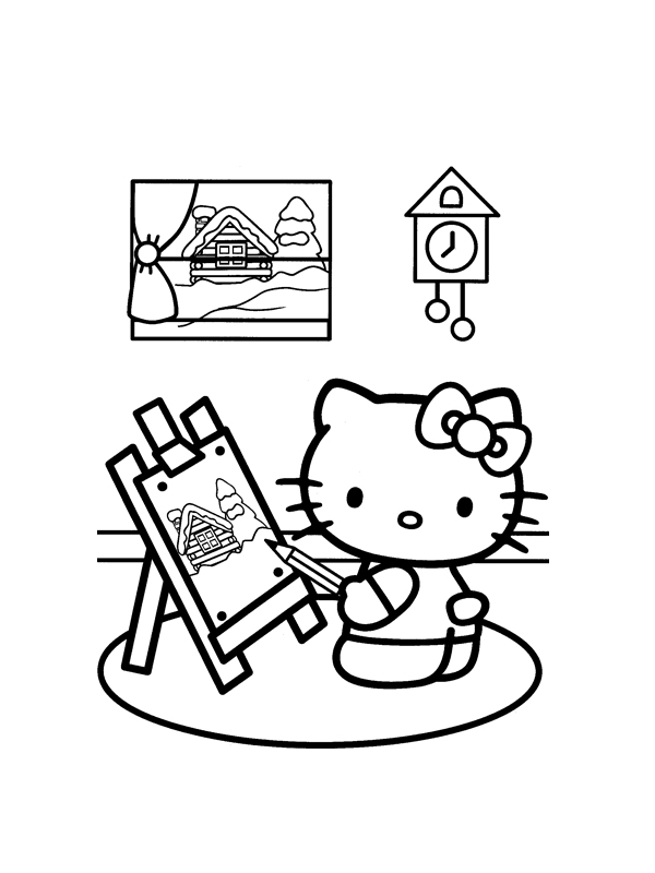 Coloriage de Hello Kitty avec un joli nœud et des éléments d'animation Coloriage de Hello Kitty avec un joli nœud et des éléments d'animation