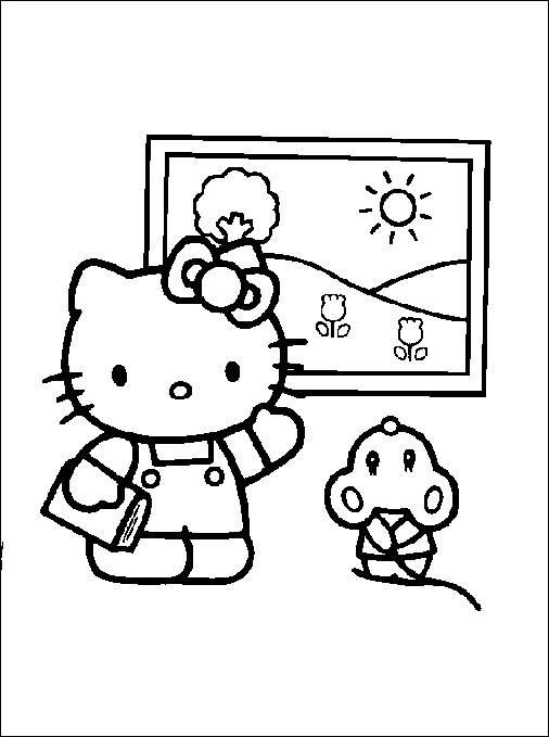 Coloriage d'Hello Kitty avec un nœud et une étoile dans un décor simple Coloriage d'Hello Kitty avec un nœud et une étoile dans un décor simple