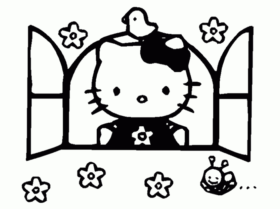 Coloriage de Hello Kitty avec un petit chat dans un décor floral Coloriage de Hello Kitty avec un petit chat dans un décor floral