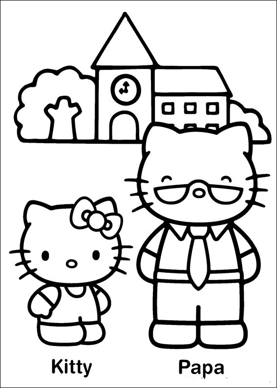 Coloriage de Hello Kitty avec un petit chaton dans un décor enjoué Coloriage de Hello Kitty avec un petit chaton dans un décor enjoué