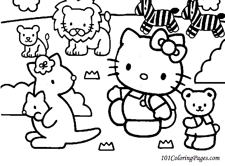 Coloriage de Hello Kitty en train de jouer avec un papillon dans un décor floral Coloriage de Hello Kitty en train de jouer avec un papillon dans un décor floral