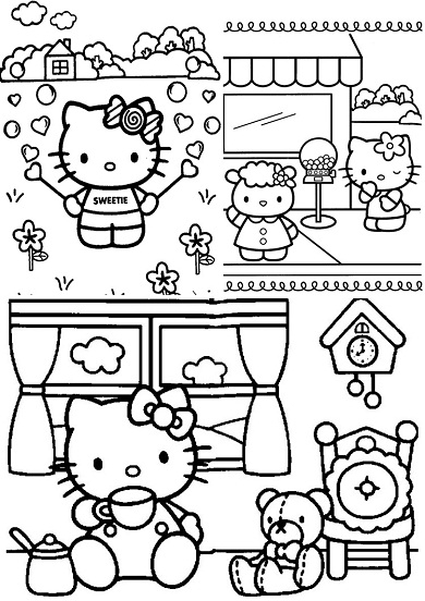 Coloriage de Hello Kitty avec un arc-en-ciel et des fleurs Coloriage de Hello Kitty avec un arc-en-ciel et des fleurs