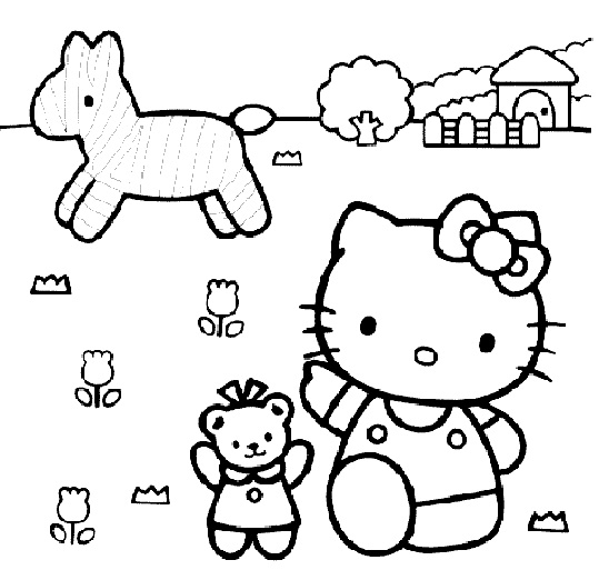 Coloriage de Hello Kitty en train de jouer dans un décor floral Coloriage de Hello Kitty en train de jouer dans un décor floral