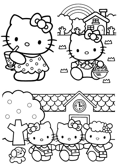 Coloriage de Hello Kitty entourée de fleurs et de cœurs Coloriage de Hello Kitty entourée de fleurs et de cœurs
