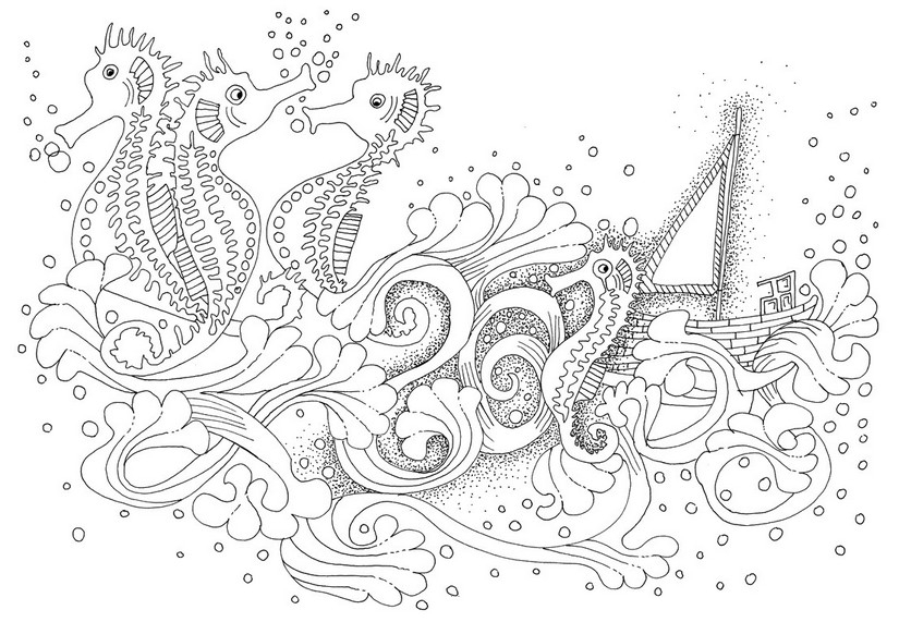 Coloriage d'un hippocampe évoluant parmi des algues marines
