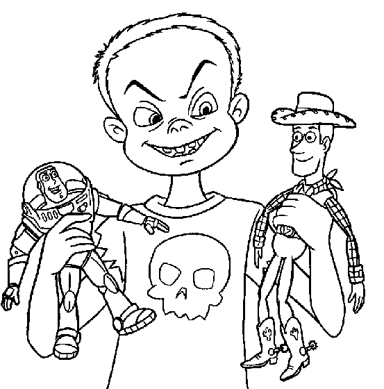 Coloriage de Woody et Buzz Lightyear dans une scène emblématique de Toy Story