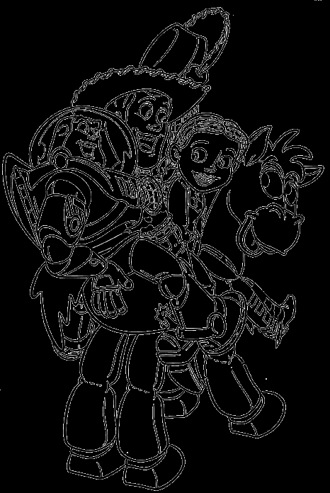 Coloriage de Woody et Buzz Lightyear dans un décor de jouets