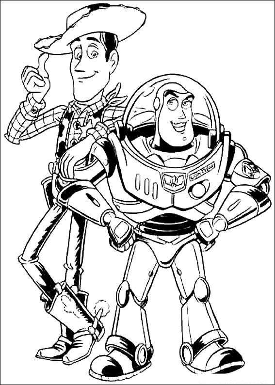 Coloriage de Woody et Buzz dans une scène emblématique de Toy Story