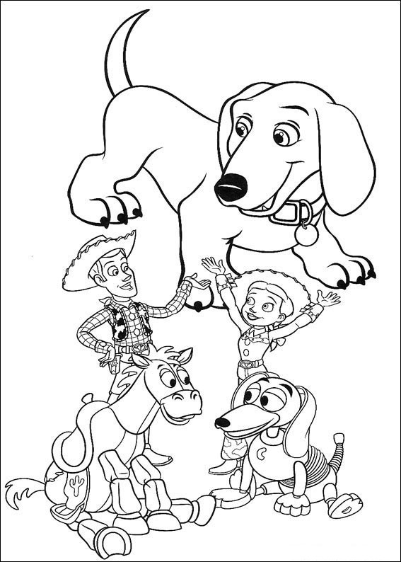 Coloriage d'une scène de Toy Story avec Woody et Buzz sur fond de jouets