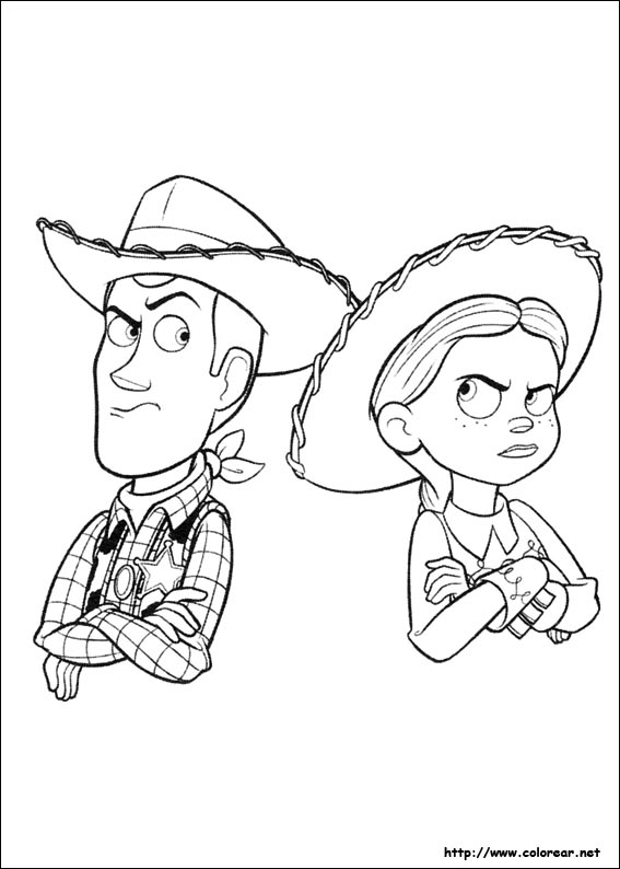 Scène de coloriage mettant en avant Woody et Buzz dans un décor ludique