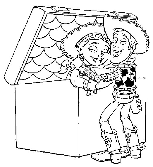 Coloriage de Woody et Buzz l'Éclair en pleine aventure dans Toy Story