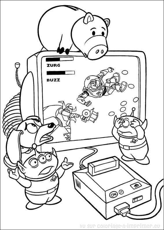 Scène de coloriage avec les personnages de Toy Story en pleine aventure