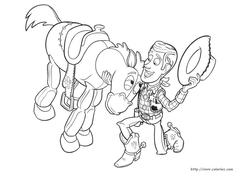Scène de coloriage avec Buzz l'Éclair et Woody en pleine aventure