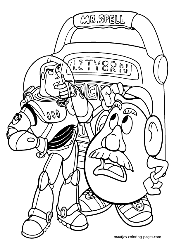 Coloriage de Woody et Buzz dans un décor inspiré de Toy Story