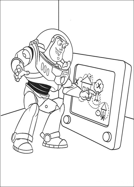 Coloriage de Woody et Buzz Lightyear dans un décor de jouets