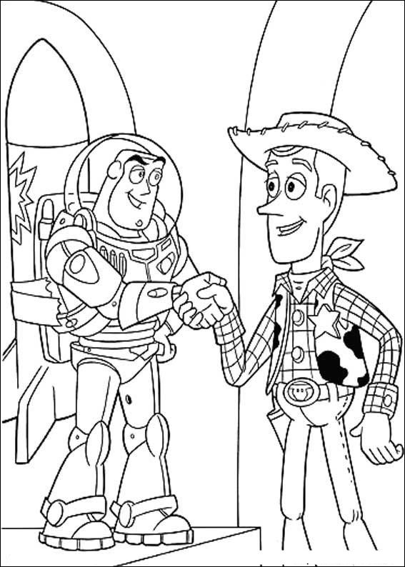 Coloriage d'une scène dynamique de Toy Story avec Buzz et Woody