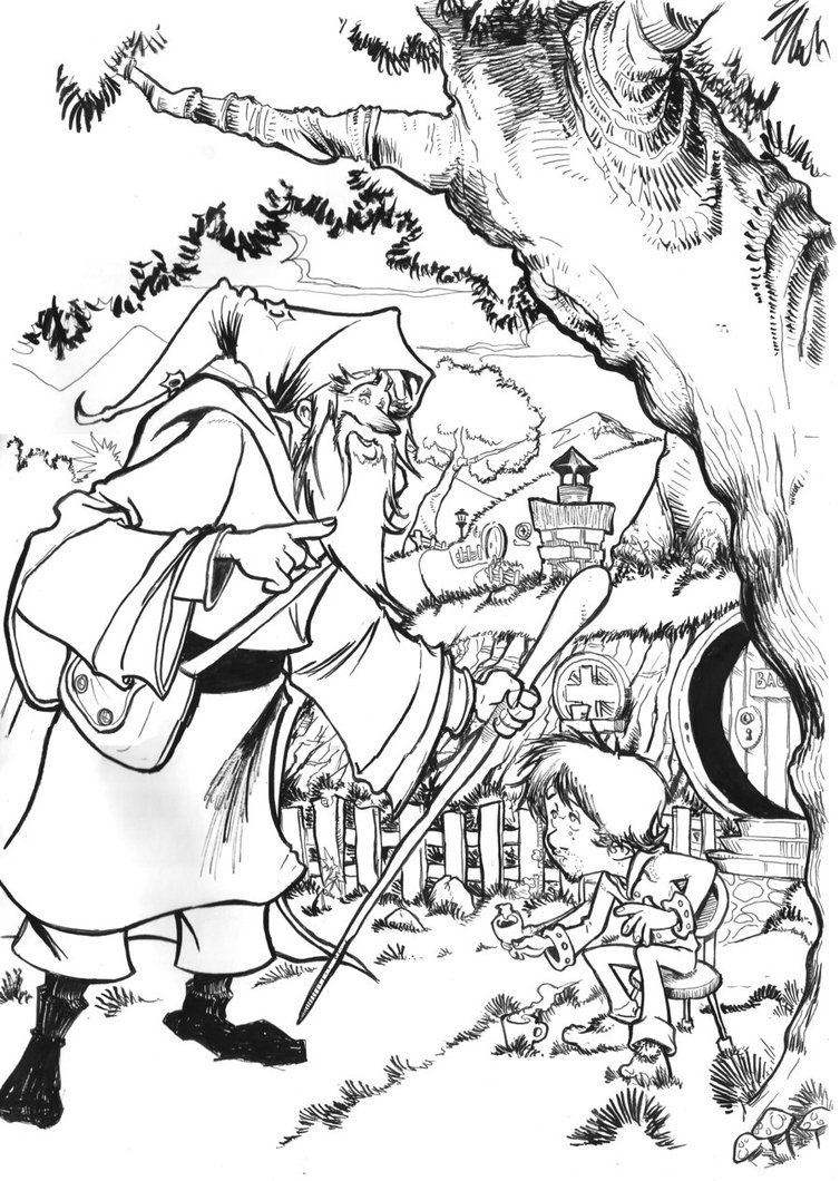 Bilbo et ses compagnons se préparant pour l'aventure dans un décor de montagne