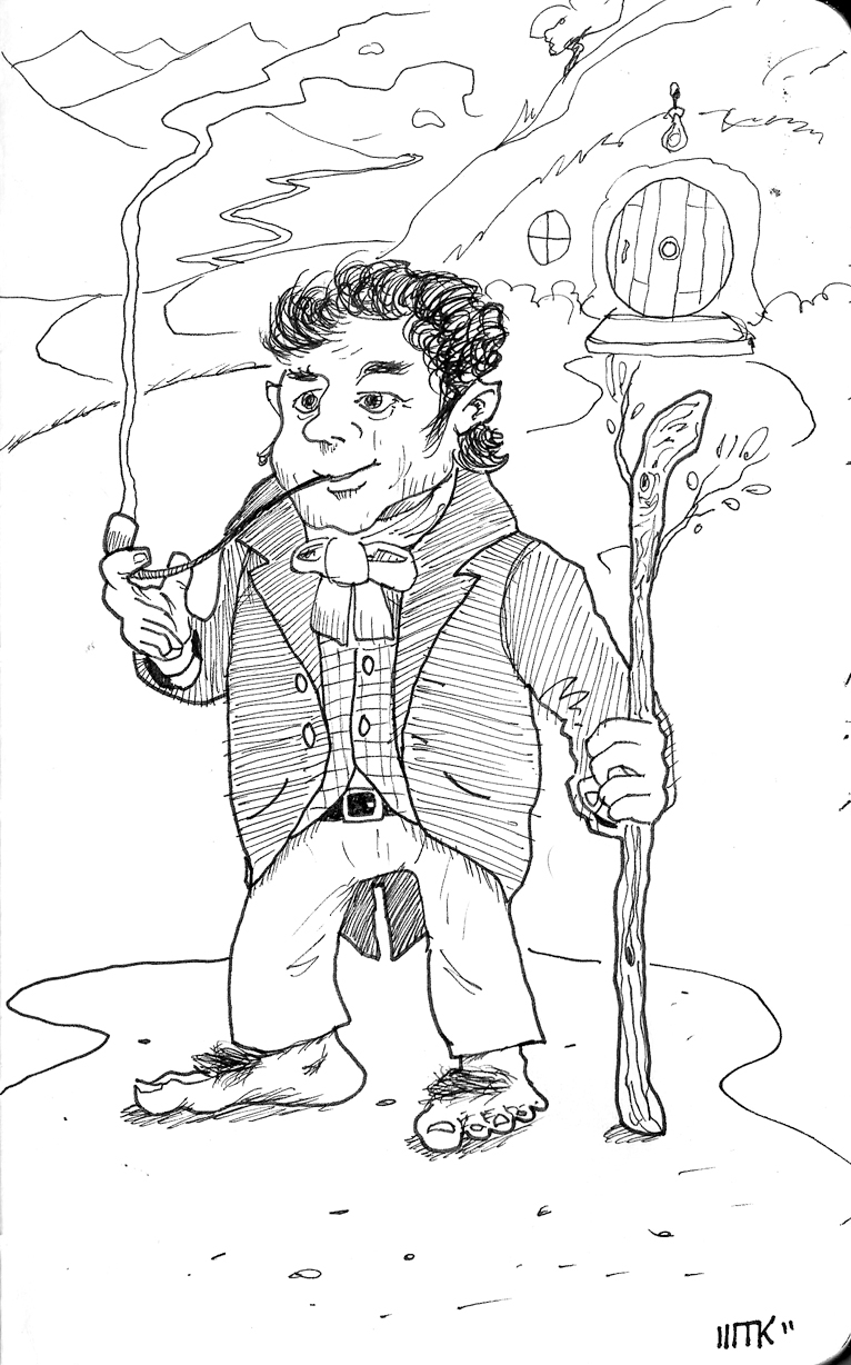Scène de hobbit avec un personnage dans un paysage naturel