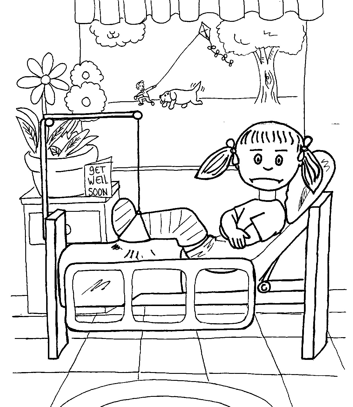 Coloriage d'un hôpital avec des médecins et des patients