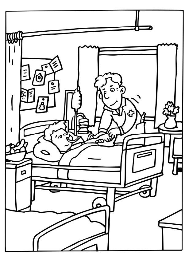 Coloriage d'un hôpital avec des personnages en interaction