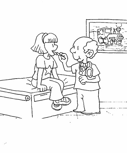 Coloriage d'un hôpital avec des enfants et des soignants