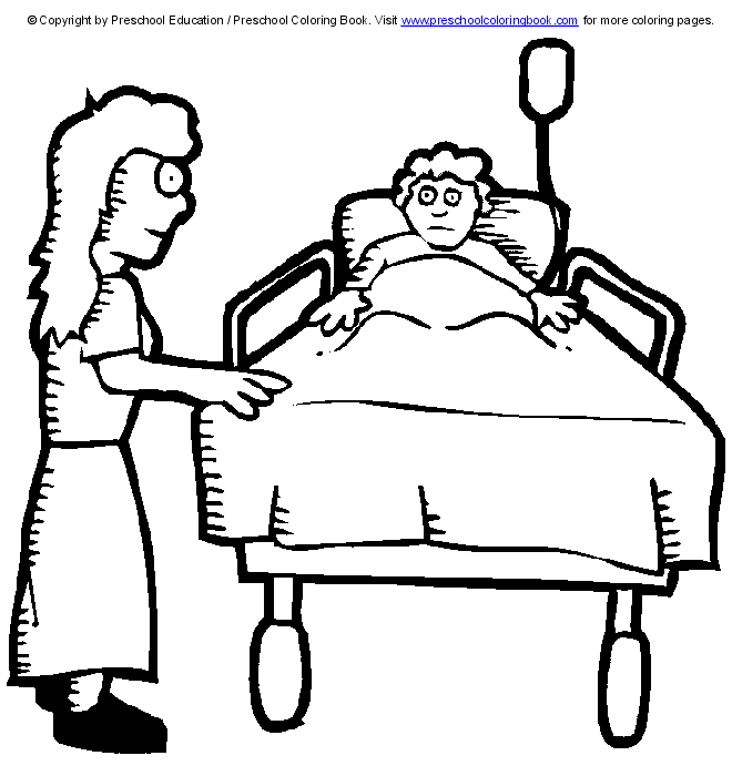 Coloriage d'un hôpital avec des médecins et des patients