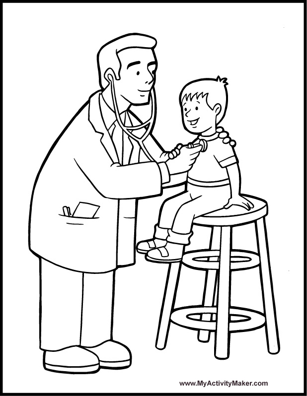 Coloriage d'un hôpital animé avec des personnages et des équipements médicaux