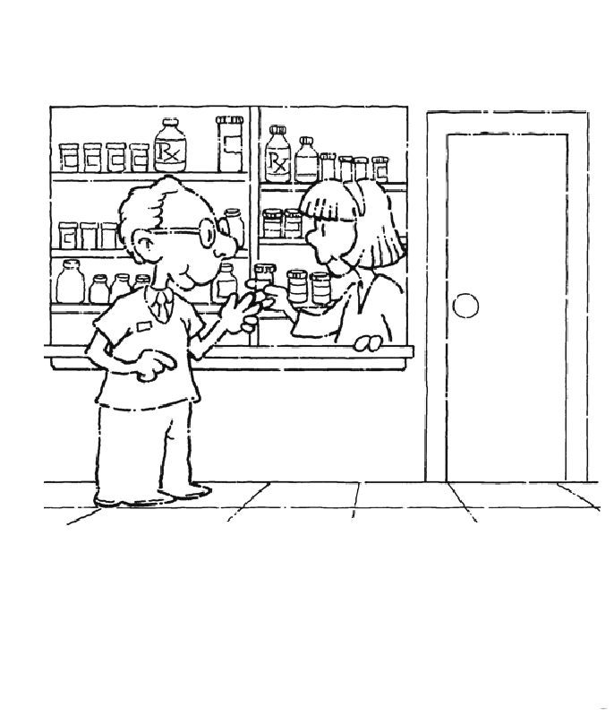 Coloriage d'un hôpital avec un médecin et un patient
